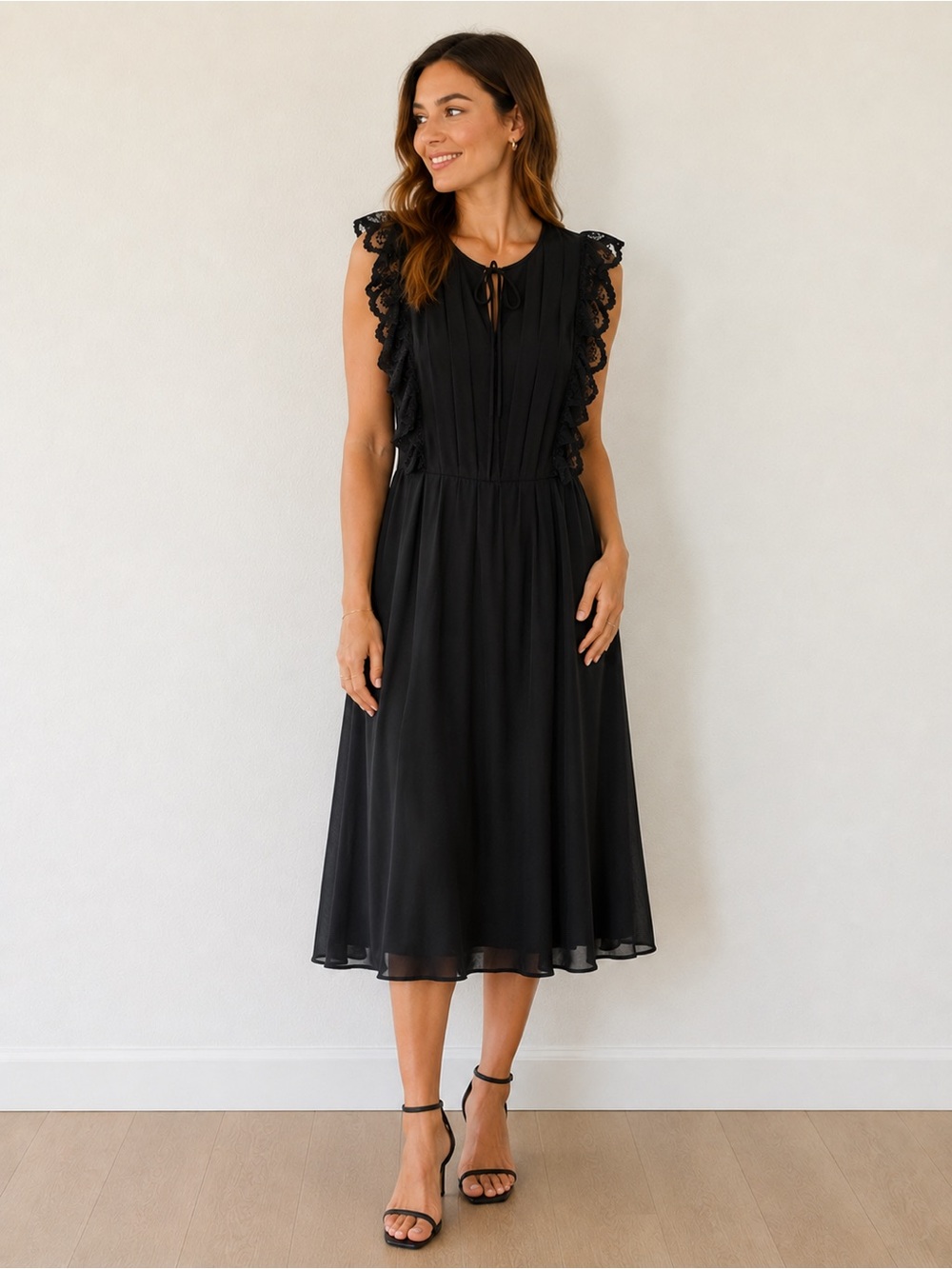 Roman Black Lace-Trim Midi Dress